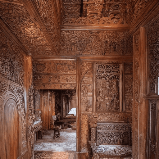 AI generated: A captivating and intricate scene of an Elvish noble's home, with exquisite wooden carvings lining t...