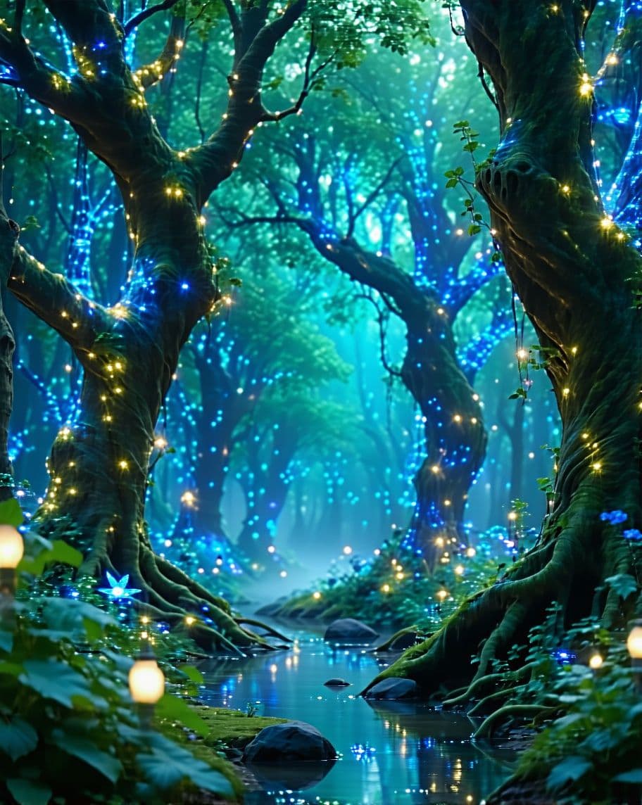 AI generated: "A magical enchanted forest with glowing bioluminescent trees, vibrant fairy lights floating in the ...