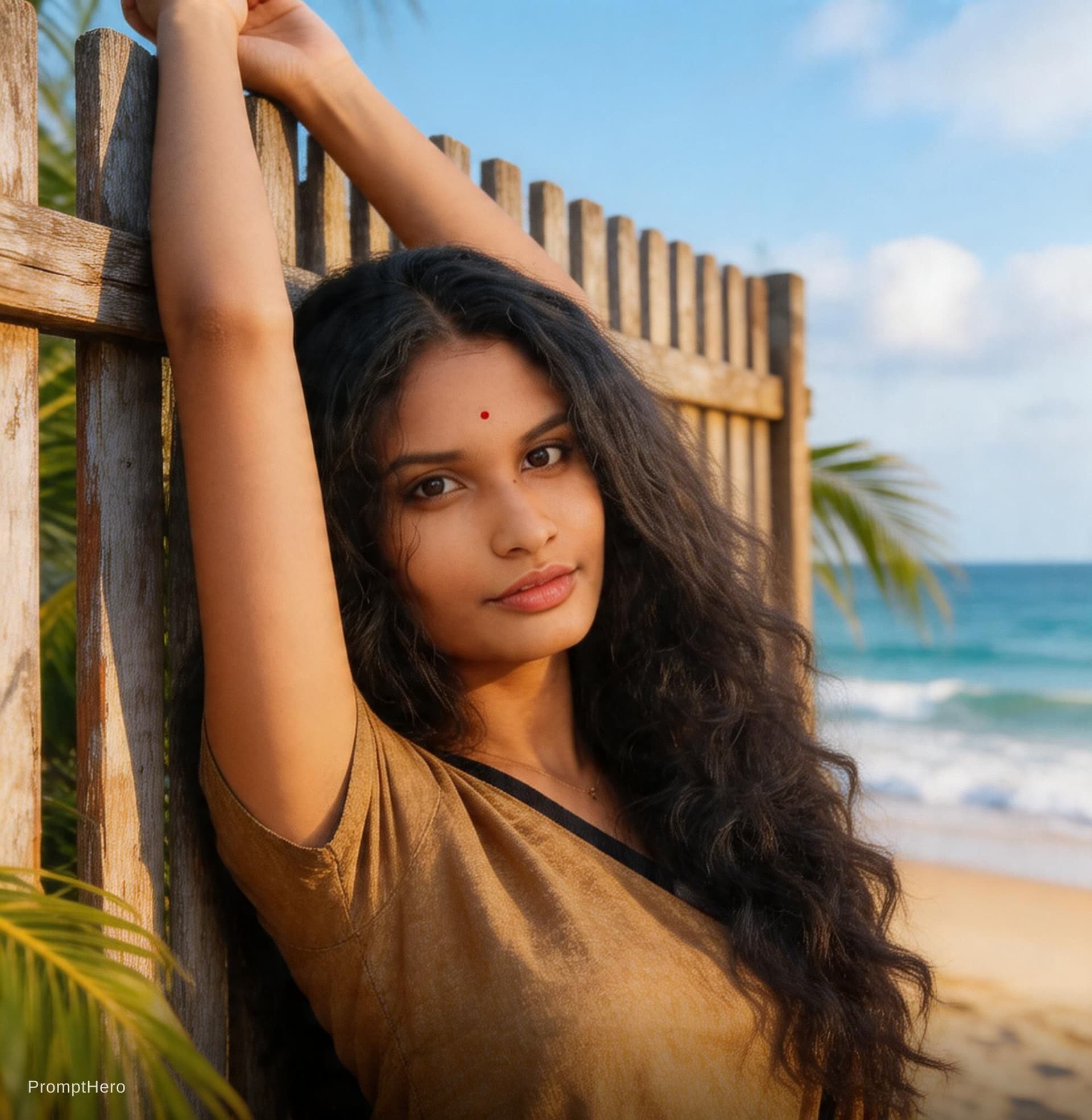 AI generated: A woman stands in a sun-drenched, tropical setting, her arms raised high above her head in a gracefu...