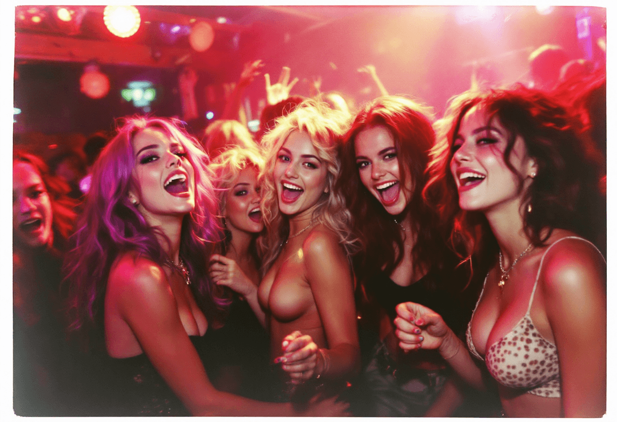 AI generated: photo, full length candid 35mm Polaroid of a group of a sweet girls partying at a dance club. they l...