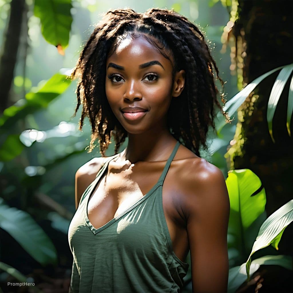AI generated: A beautiful dark-skinned brunette, bare chested, deep in a sub-tropical forest, looking to explore
 