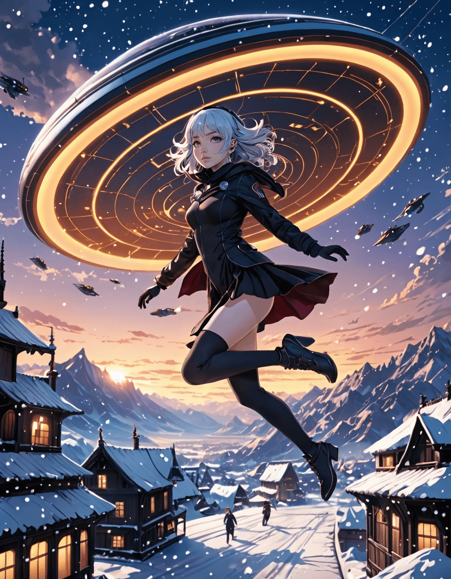 AI generated: An anime character jumping in a starship at dusk with snow, Gothic, saturated, hyperrealism