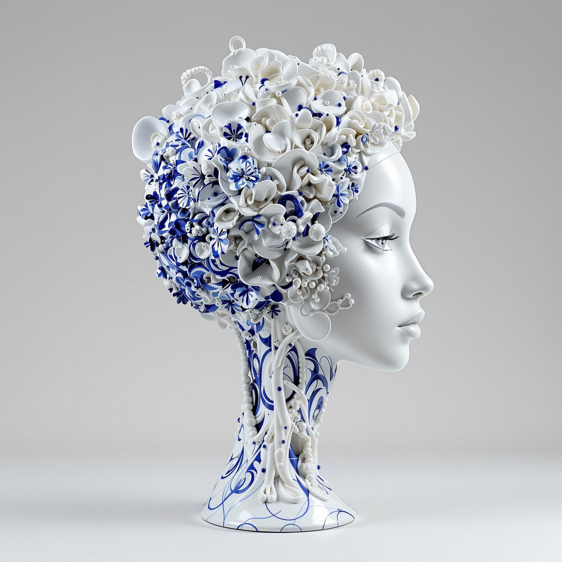 AI generated:  a side view of a black woman made out of porcelain, in the style of balanced symmetry, white and bl...
