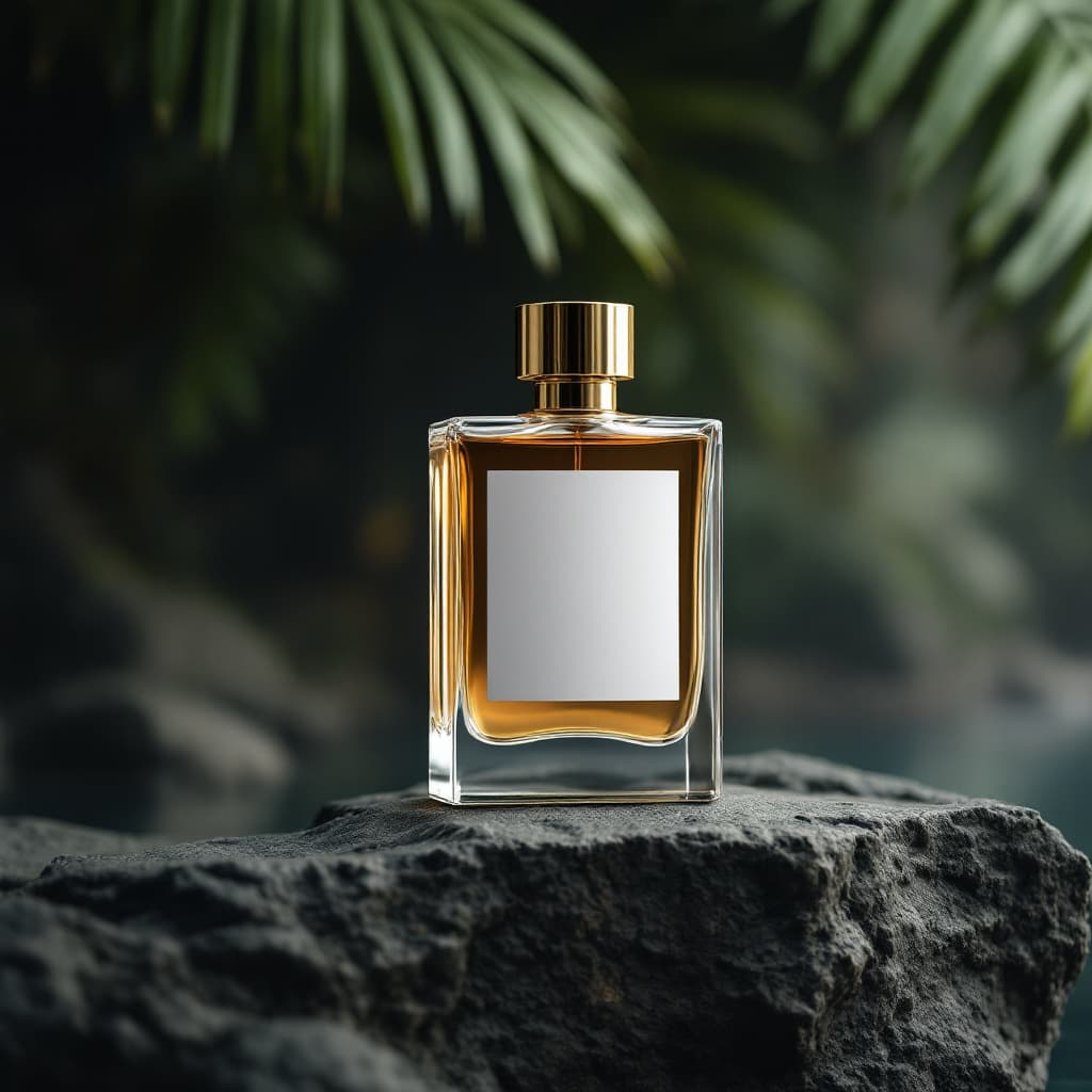AI generated: Photo of a ultra realistic luxury perfume bottle on a rock with white empty sticker, ad, brand, over...