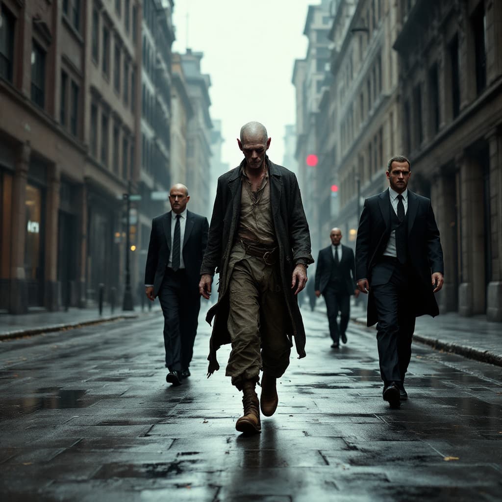 AI generated: A thin man dressed in ragged clothes walks along a wide street, accompanied by two guards in busines...