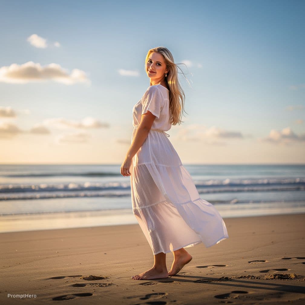 AI generated: A beautiful blonde young woman standing on a beach without clothes