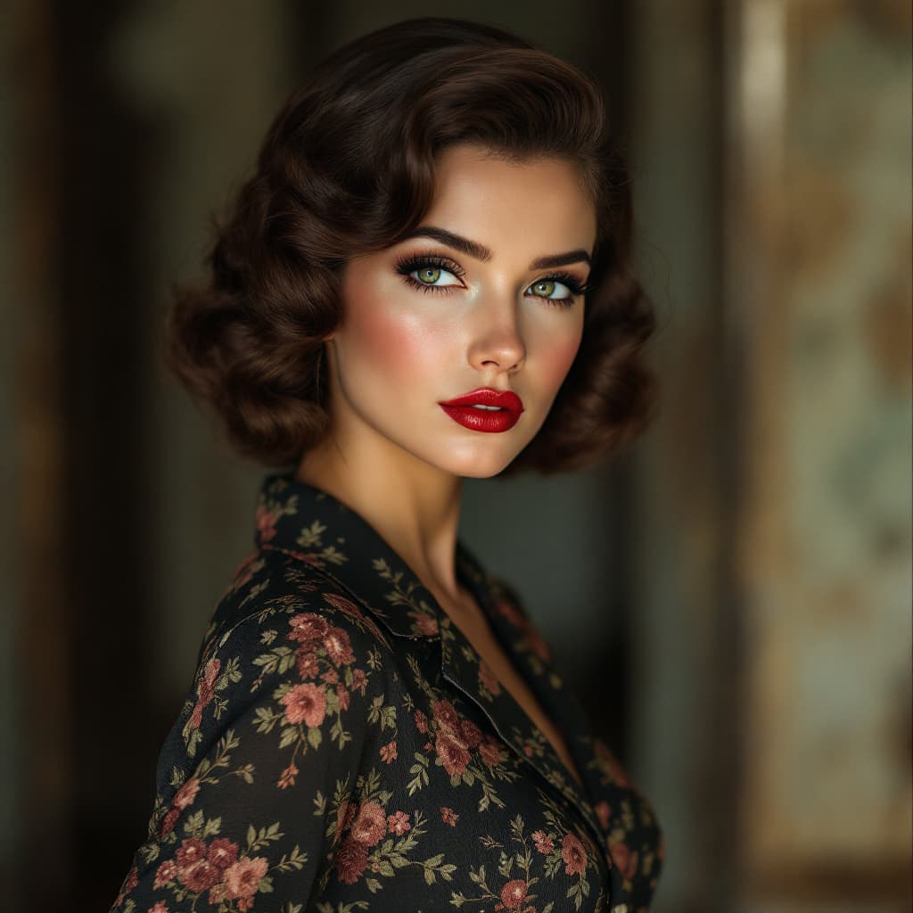 AI generated: Hyper-realistic photo of a model in vintage clothing, 1950s style, pin-up, retro, classic elegance.
