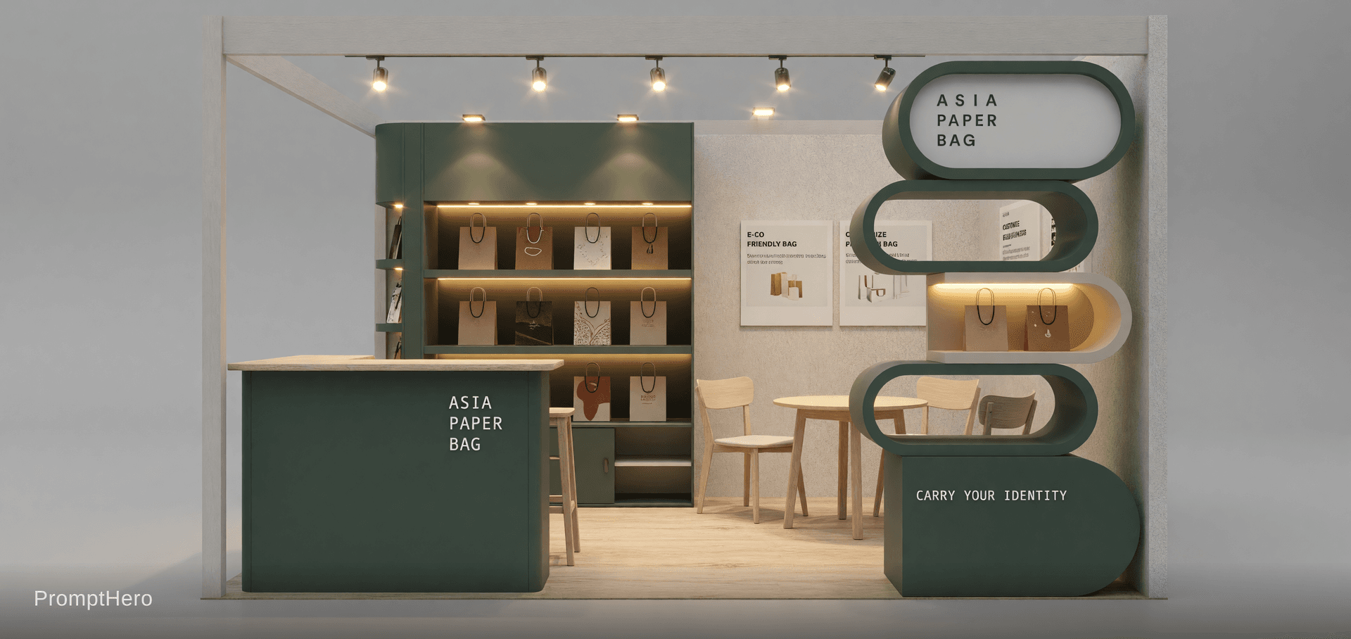 AI generated: Now I’ll create a realistic 3D rendered HTML visualization of the Asia Paper Bag exhibition booth ba...