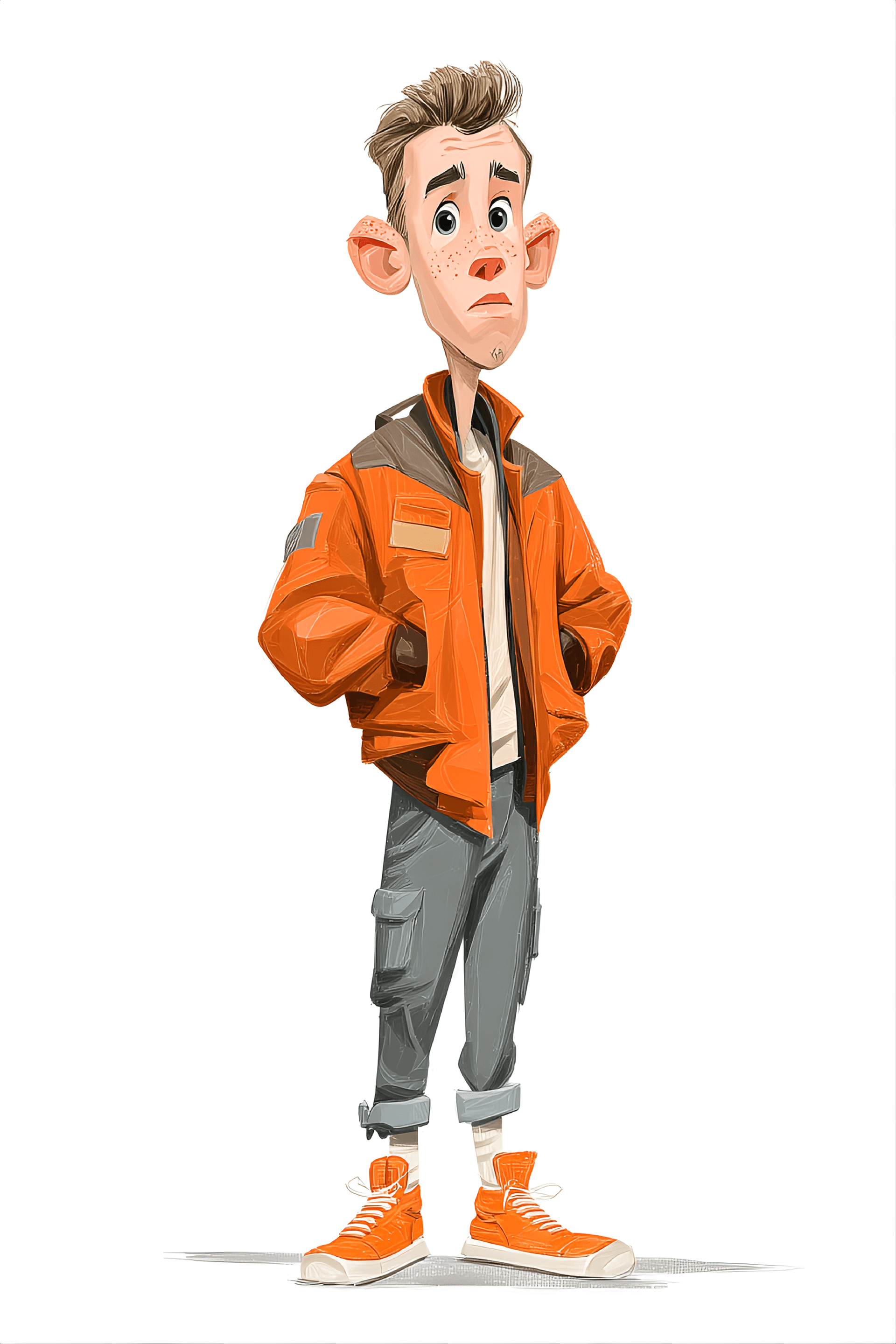 AI generated: funny caricature, futuristic student character caricature, young caucasian male, 18 years old, neat ...