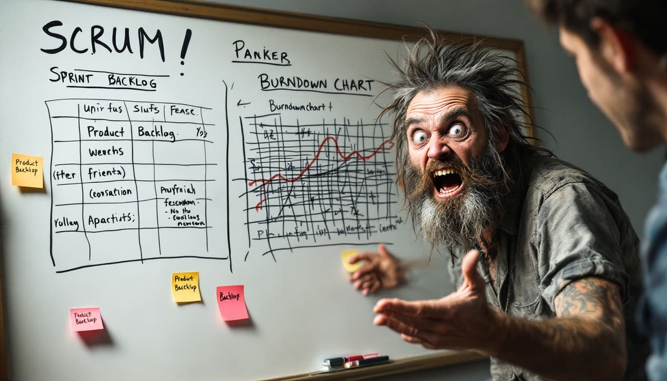 AI generated: A disheveled character with wild eyes, passionately gesturing towards a whiteboard covered in Scrum ...