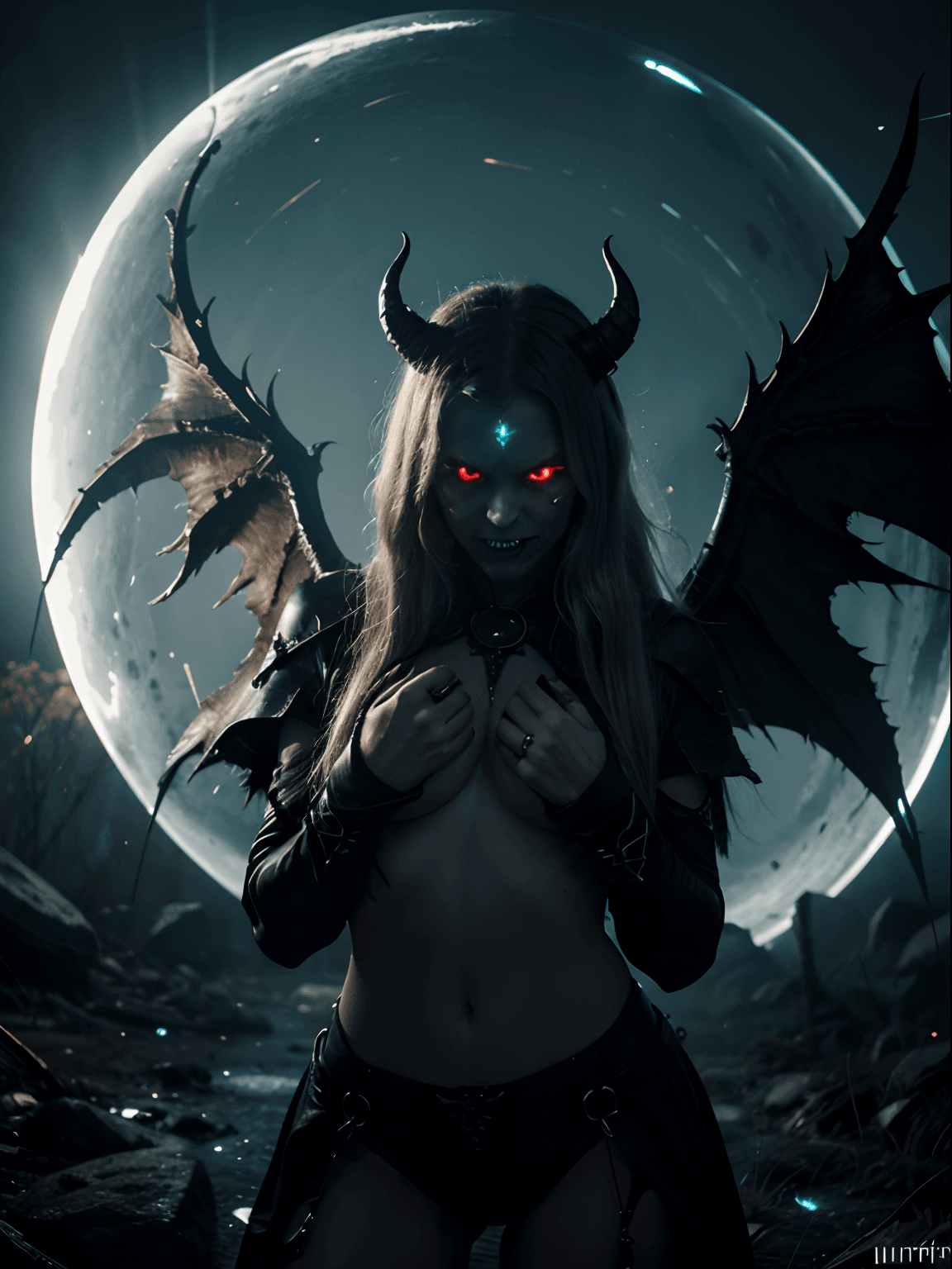 AI generated: Cruely Cosmic Fallen Demon,cruel,Evil,, Glowing bright eyes, bioluminescent, creepy, Re, HELL SENT, ...