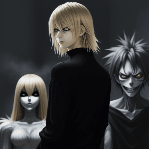 AI generated: Ryuk from death note with long bangs and shoulder-length blond hair stands in the foreground of the ...