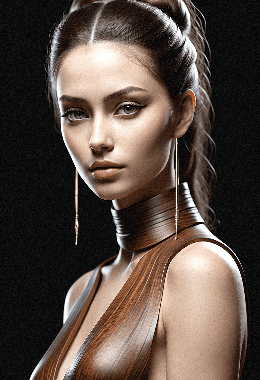 AI generated: A beautiful girl with a stylized,  in intricate wooden texture. dark background. presenting a serene...