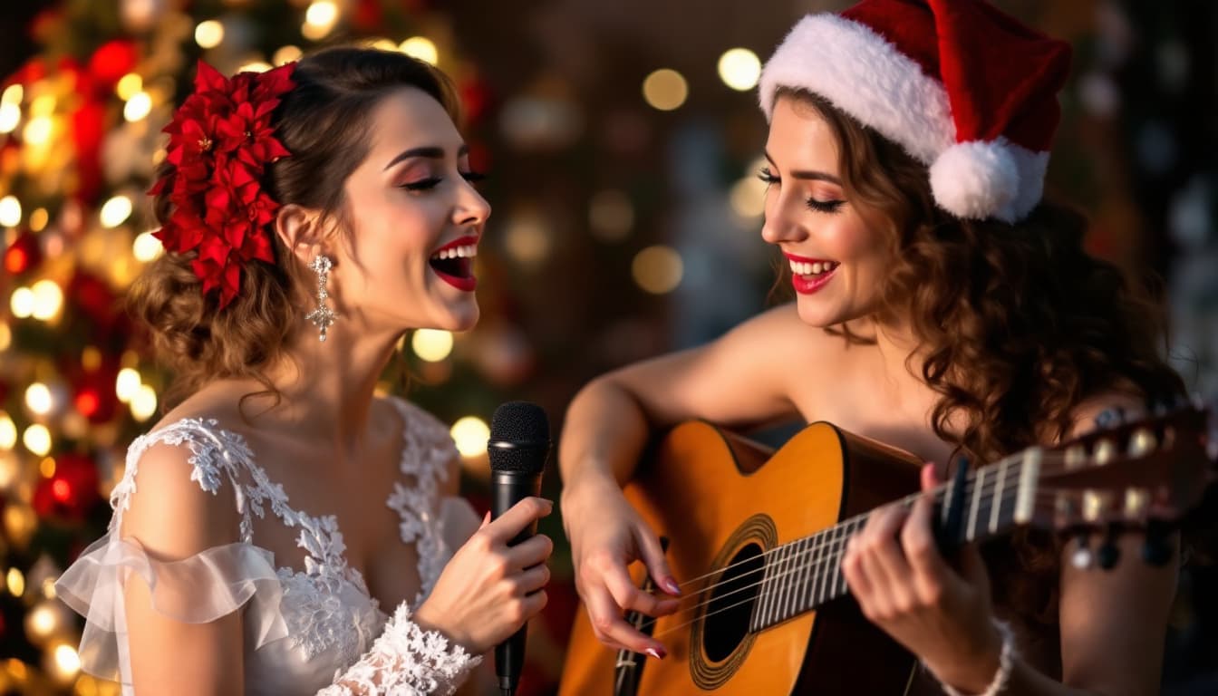 AI generated: a female opera singer and a female classical guitarist performing a christmas song with a christmas ...