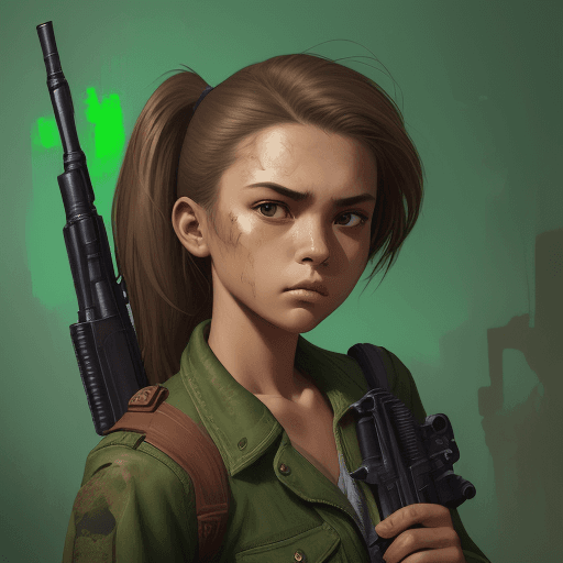 AI generated: a girl holding a gun in her hand, light brown and green, strong facial expression, ps1 graphics, his...