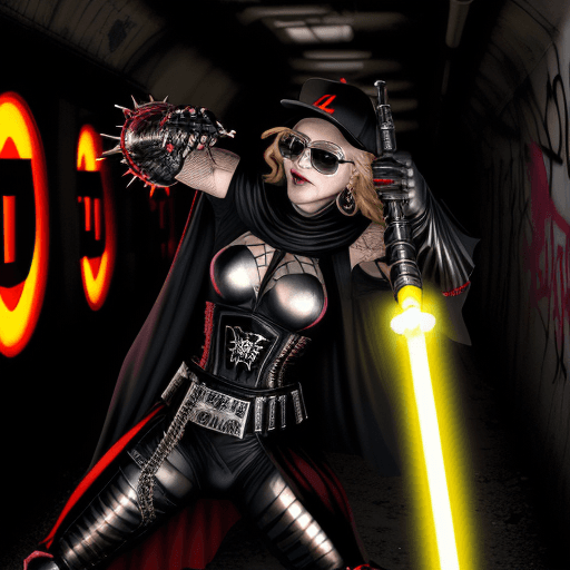 AI generated: Madonna as a mummified demon priest who is apparently immortal is holding a lightsaber and is in a f...