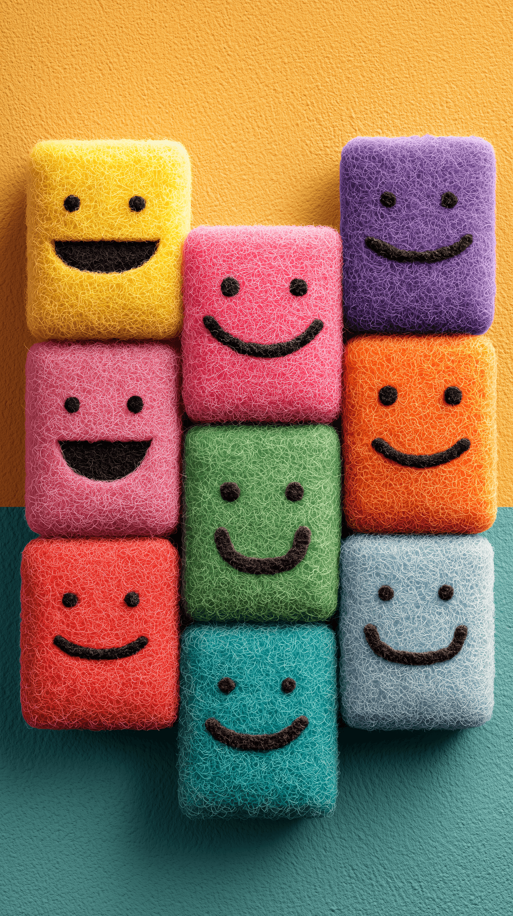 AI generated: flat illustration, 9 composition, nine nonwoven square-various smile faced, each colored(yellow, aqu...