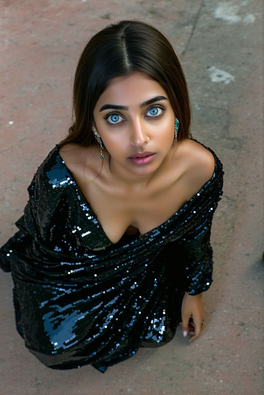 AI generated: Shot from above, 20 years old India lady, [slim lady, slender lady], with big expressive eyes, [blue...