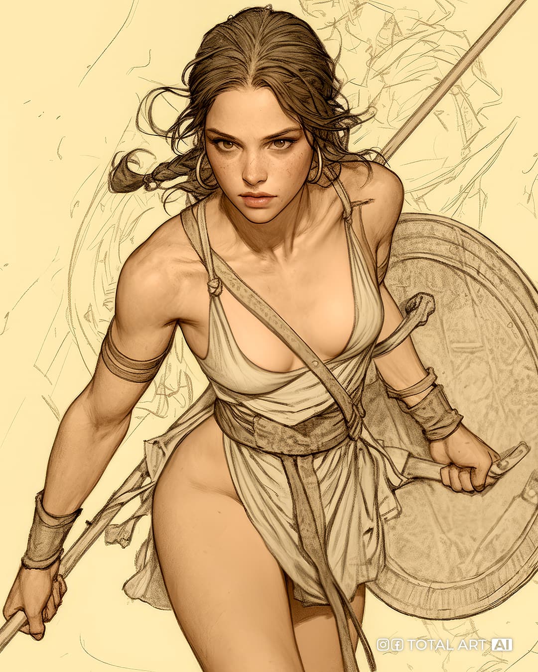 AI generated: Comic book realistic illustration, full body shot of a young gorgeous Spartan woman with thick aesth...