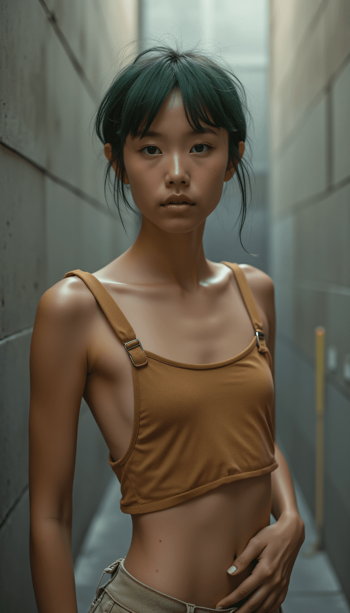 AI generated: modernist, Brutalist high Fashion waist up photo of a 24 year old Vietnamese-Sindhi female girl-next...