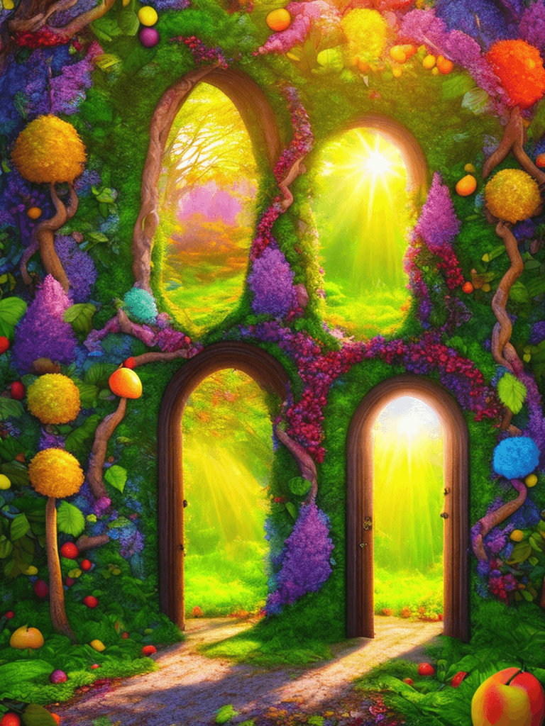 AI generated: a magical colorful summer forest inside the doorway, fruits planted on the trees, strong sunshine fr...