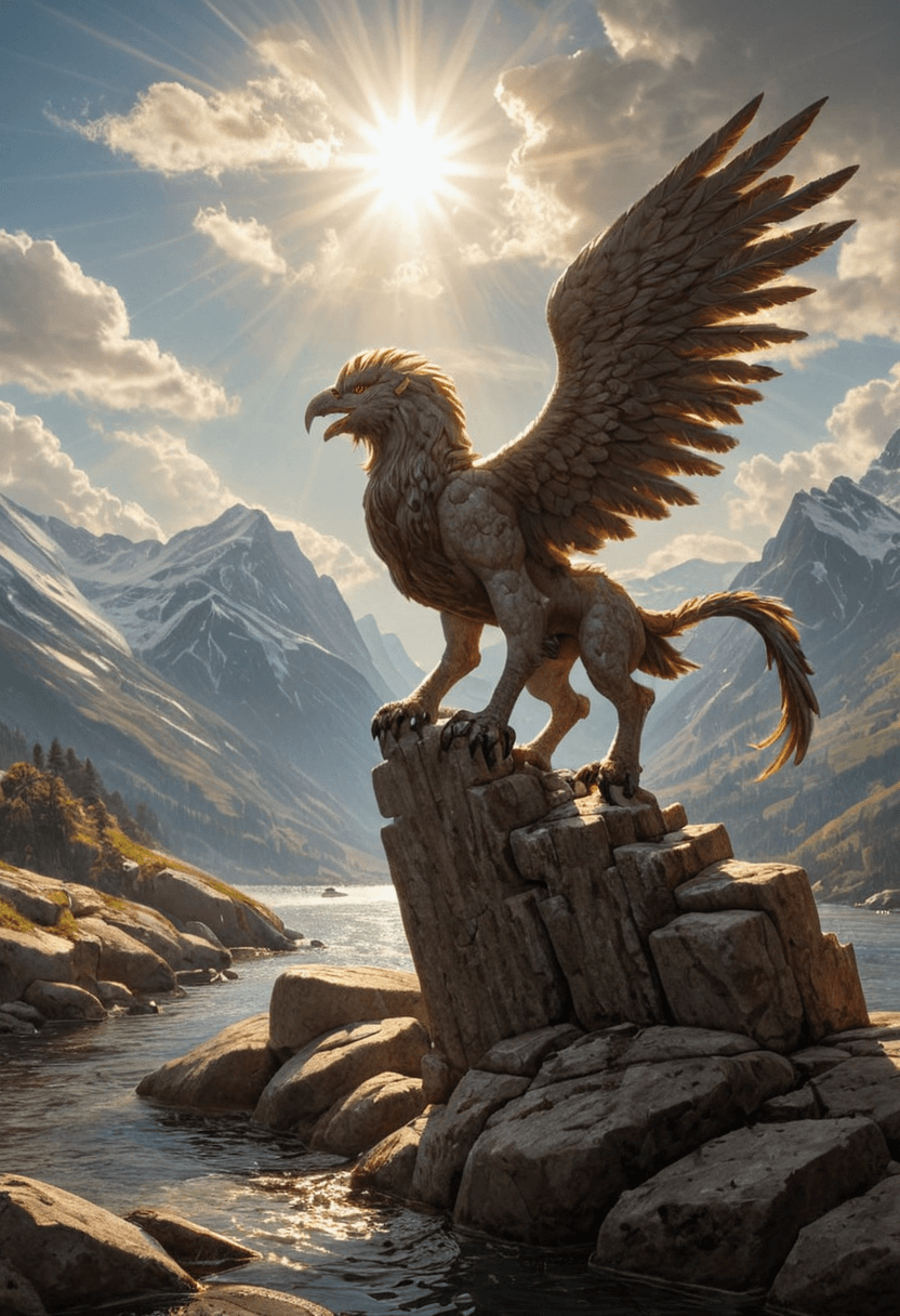 AI generated: realistic,highres,<lora:Fantasy_Monsters_XL:1>,A magnificent griffin standing on a broken stone brid...