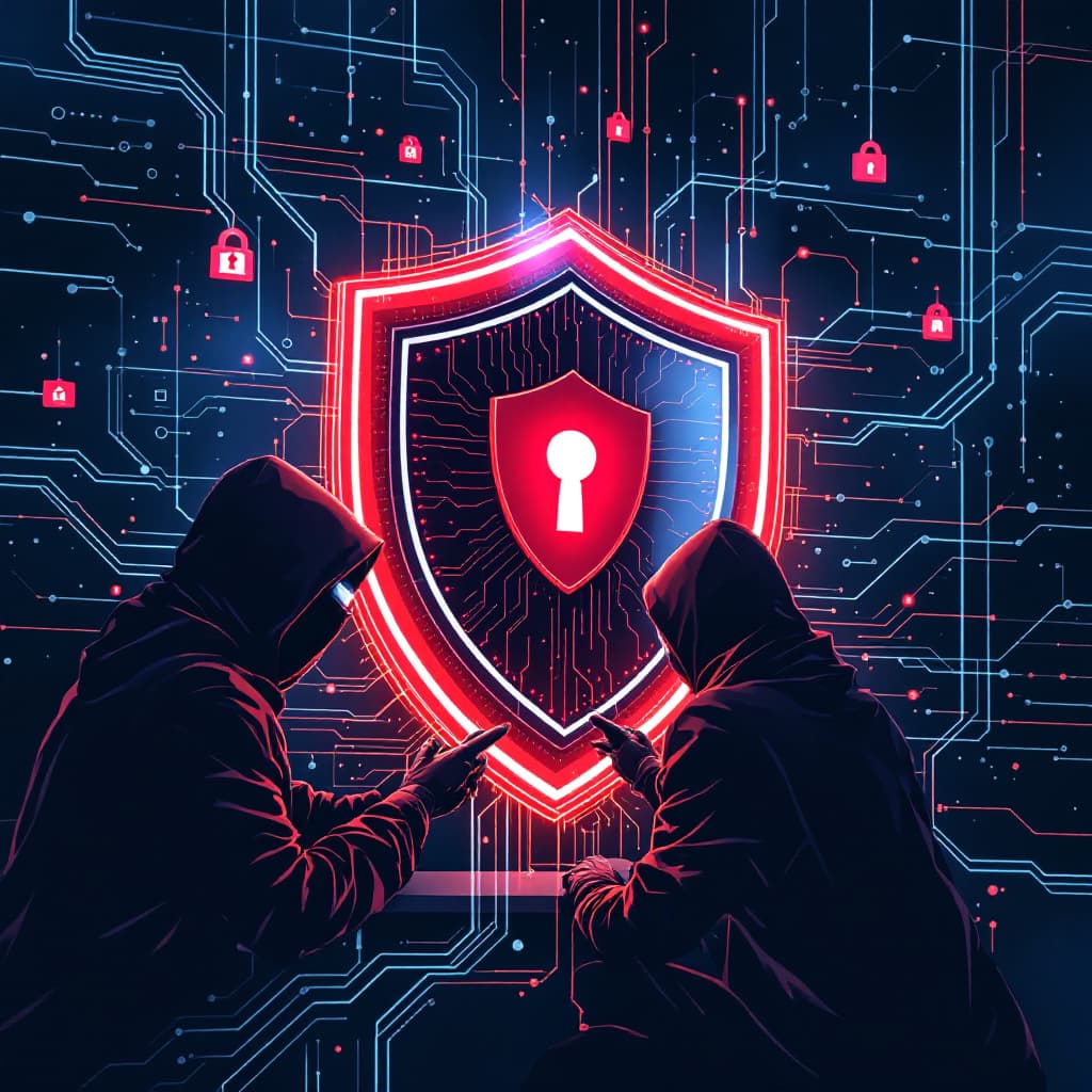 AI generated: Add a shield firewall animation, hackers in shadowy hoods attacking a firewall, and digital locks sn...