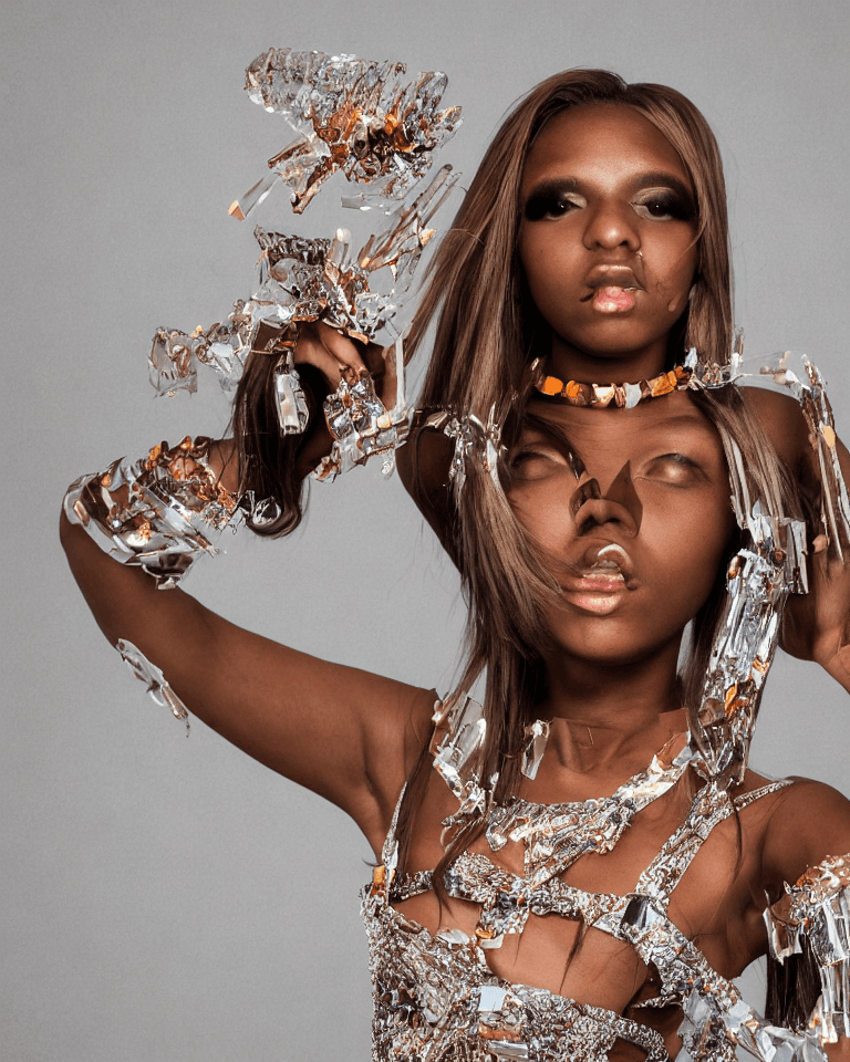 AI generated: a commercial photo portrait of young black instagram model, sparklecore, appropriation artist, trans...