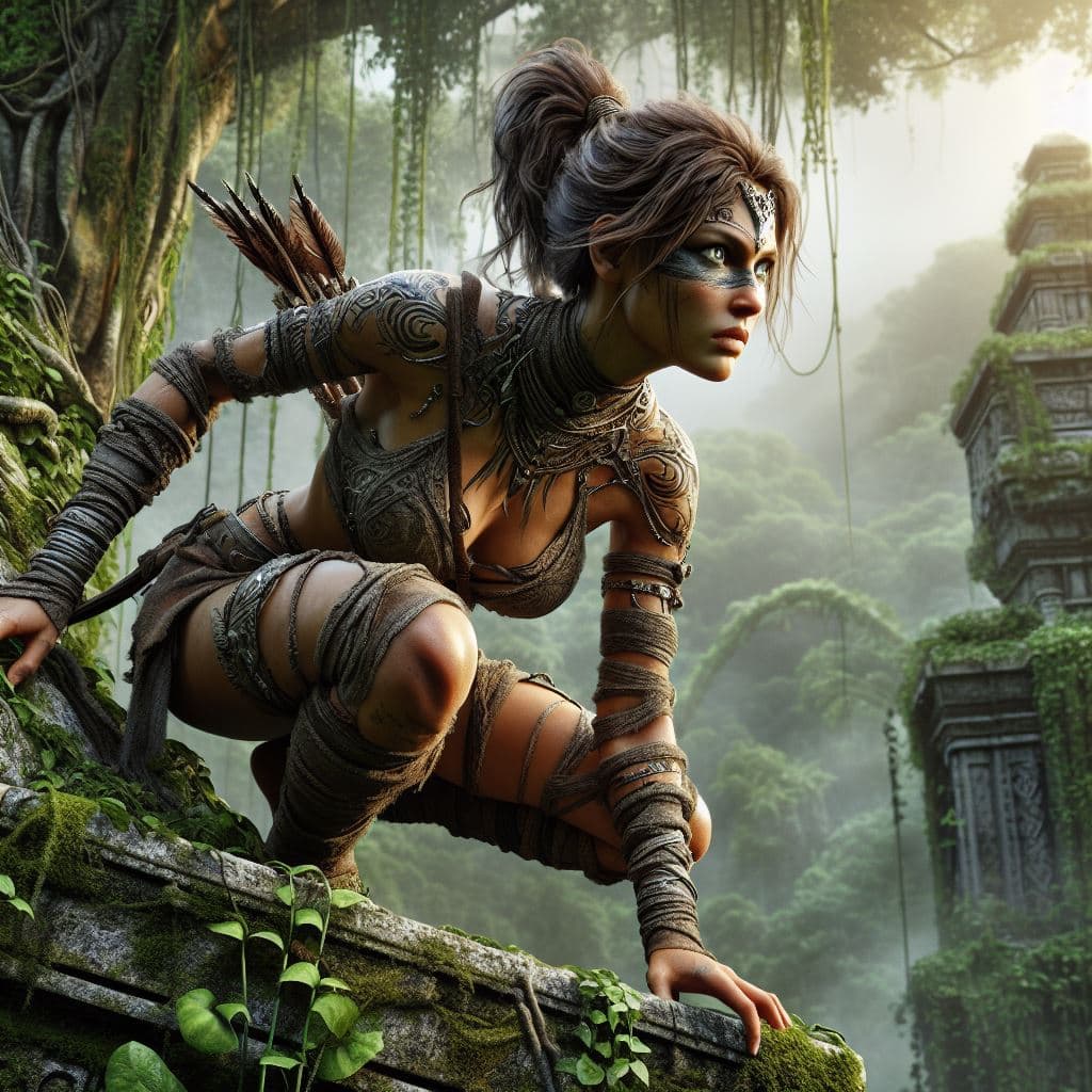 AI generated: In a lush, overgrown jungle, a fierce and agile warrior-queen stands atop an ancient stone temple, h...