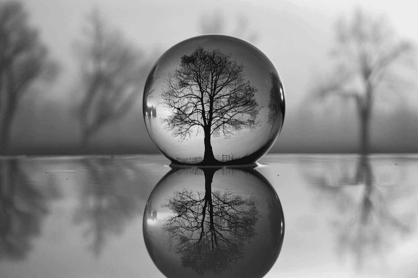 AI generated: A glass sphere floating on water, black and white photo, reflections of trees in the surface of the ...