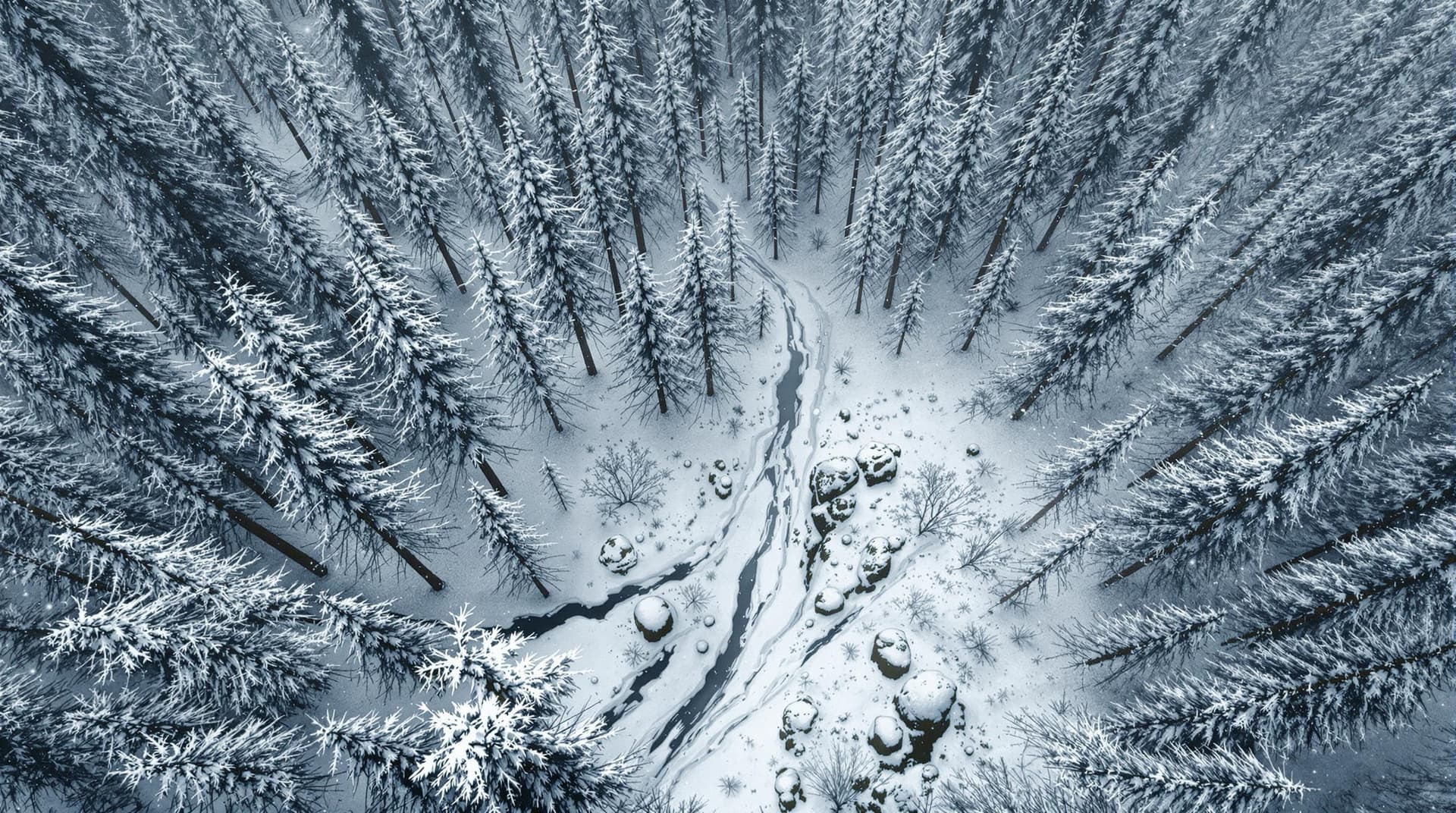 AI generated: "A realistic and cinematic aerial view of a dense medieval Norse forest, captured from above as if f...