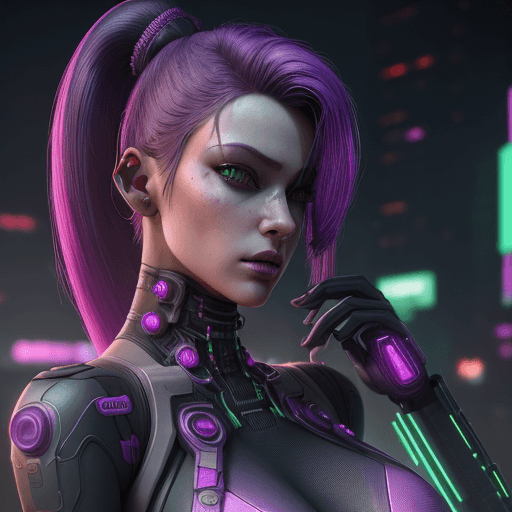 AI generated: gorgeous cyberpunk woman close up.standing pretty Matrix colors purple pink green, intricate artwork...