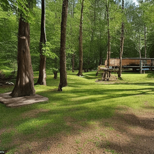 AI generated: Recreational area to share with the family in the forest, with spaces for barbecues, tables, and a r...