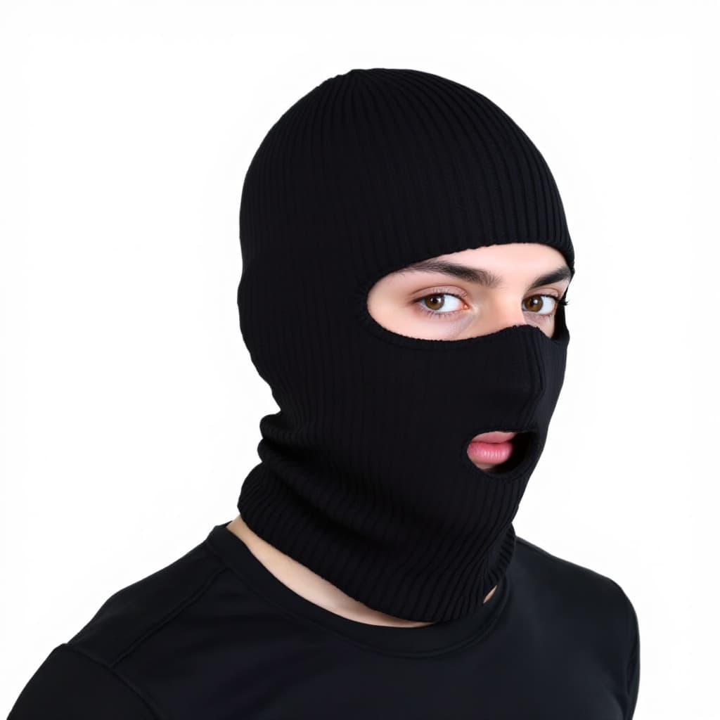 AI generated: a black ribbed knit 3-holes skimask, two hles for the eyes, one hole for the mouth