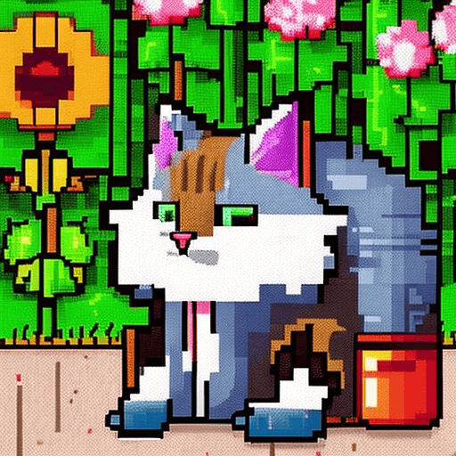 AI generated: heavy pixel art, pixelised, fluffy cat, garden, pixel art game