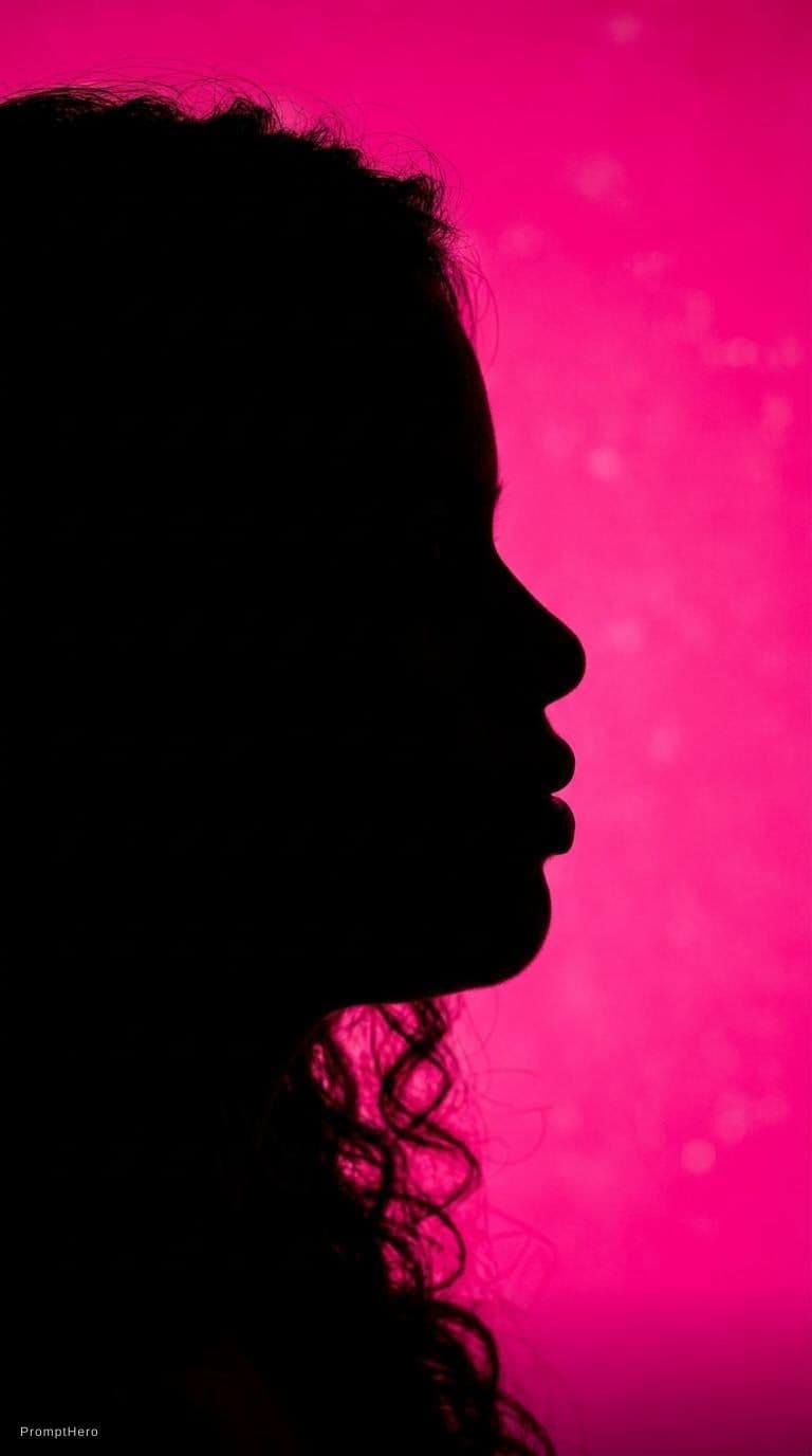 AI generated: photography, portrait of contrast, profile silhouette of a woman, vibrant hot pink backdrop, visuali...