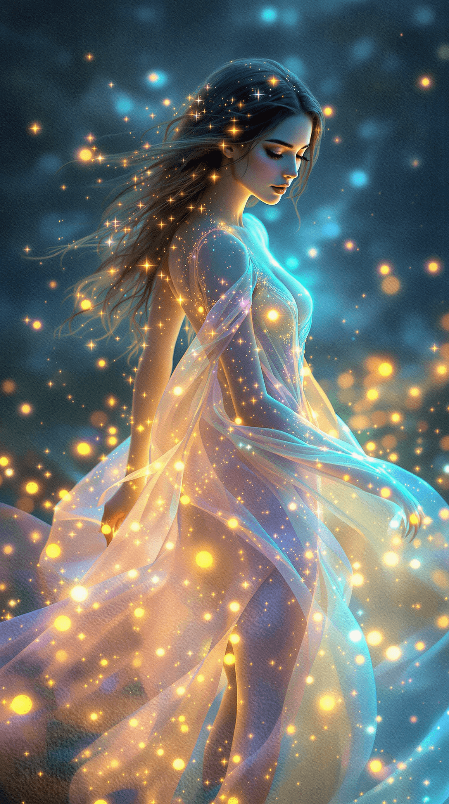 AI generated: A **luminous, ethereal woman** walks gracefully through a twilight landscape.