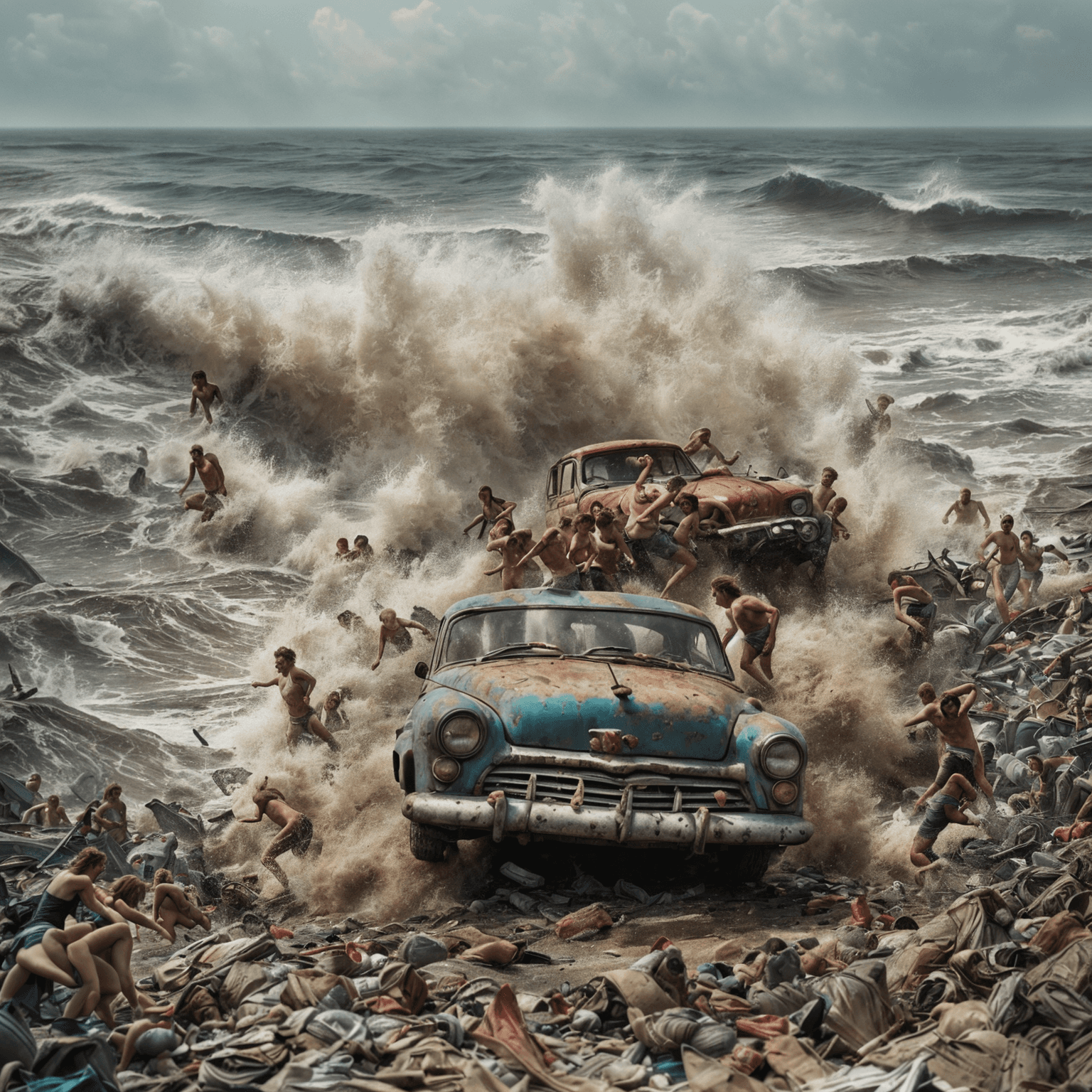 AI generated: ultra detailed soviet union editorial photography, a beach full of slavic ussr people running scared...