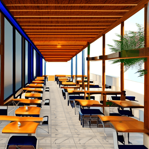 AI generated: only one floor,spanish style, large beach restourant together with a bar building,modern,wood,constr...
