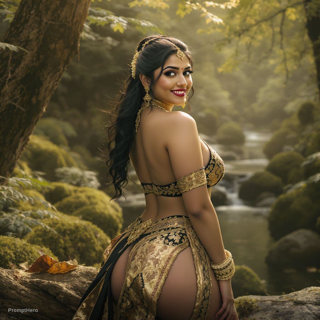 AI generated: A South Asian curvy woman, appearing to be in her late thirties with large breasts, She wears an bik...