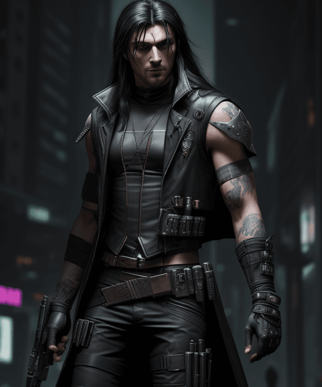AI generated: Cyberpunk, robin hood, revolver, stylish,  dark clothes, black long hair, male, kapiszon, high resol...