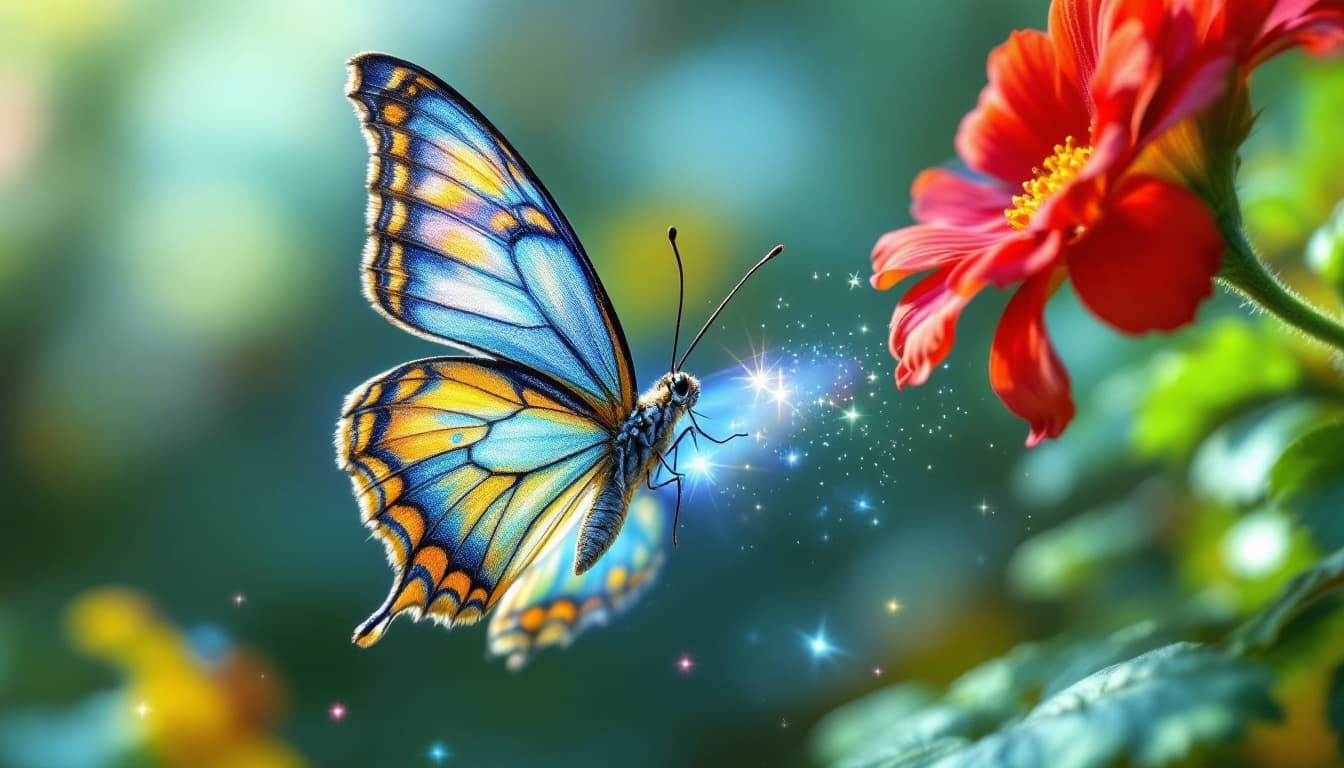 AI generated: "Show a close-up 3D view of a shimmering butterfly with intricate, multicolored wings. It flutters g...