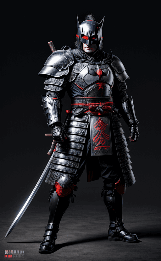 AI generated: [samurai wearing heavy armor : batman : 0.5], helmet is based on samurai kabuto, heavy armored, ((fu...