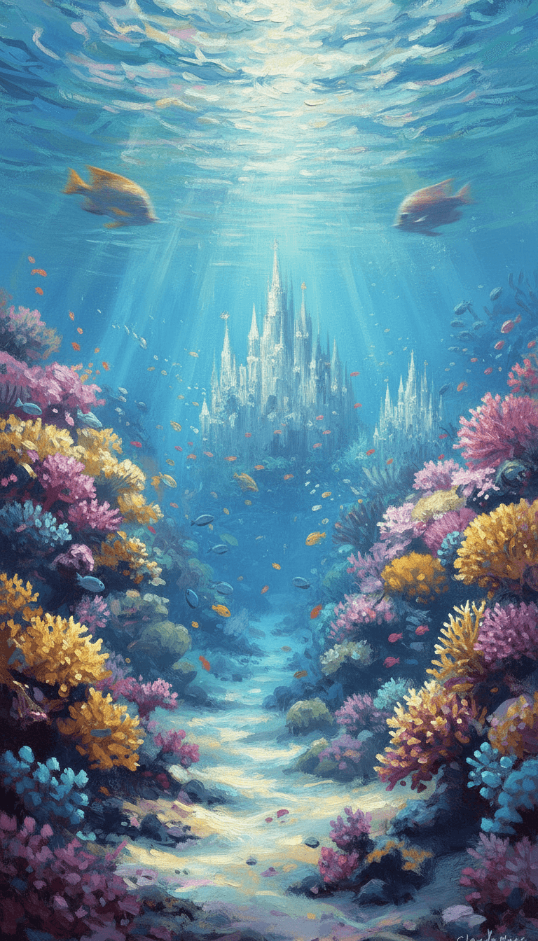 AI generated: make it in Clod Monet style, transform in dimensions 2:1 HORIZONTAL, add sea castle, more fishes