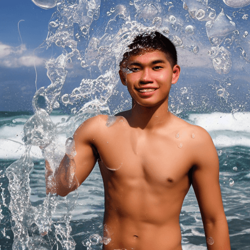 AI generated: A handsome young man from the Philippines, 19 years old, shirtless, wearing white underwear, bulging...