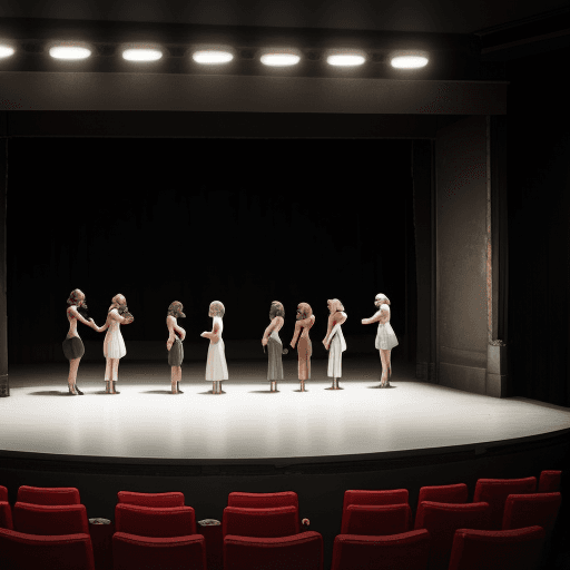 AI generated: a white sign standing on a small old theater stage, 8 women standing and looking at the sign, cinema...