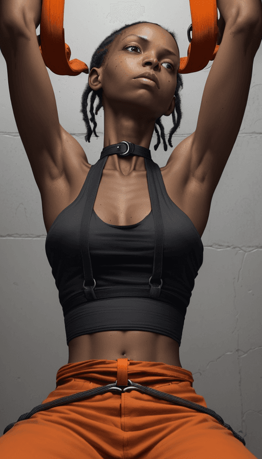 AI generated: Closeup half body torso view portrait of an outdoor skinny but athletic black female prisoner wearin...