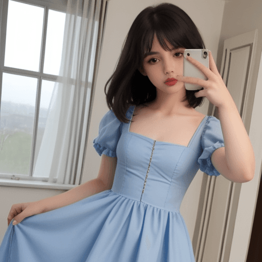 AI generated: view from girl's eyes of her own dress body,


