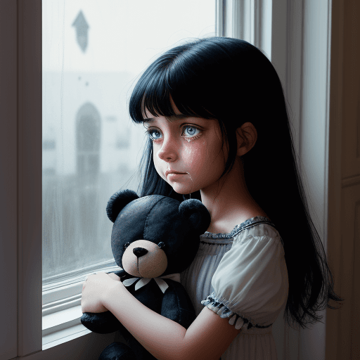 AI generated: Royalty girl, 6 to 7 years old, black hair, deep blue eyes, crying in a room, slightly empty, with a...