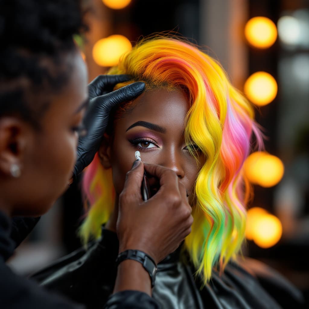 AI generated: ULTRA REALISTIC IMAGE OF A BLACK HAIRDRESSER doing a color dye on A BLACK FEMAKE CLIENTS HAIR IN BEA...